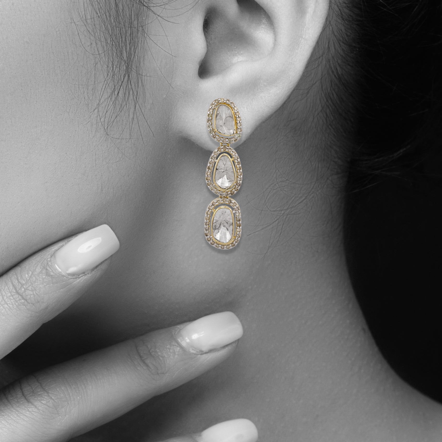 Tri-Tier Polki Earring with Full-Cut Diamond Halo Borders